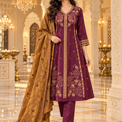 Royal Wine Gold Embroidered A-Line Kurta Pant Dupatta Set |