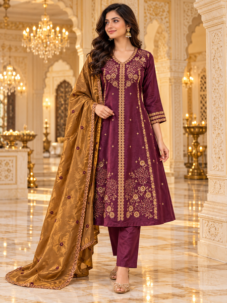 Royal Wine Gold Embroidered A-Line Kurta Pant Dupatta Set |