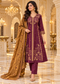 Royal Wine Gold Embroidered A-Line Kurta Pant Dupatta Set |