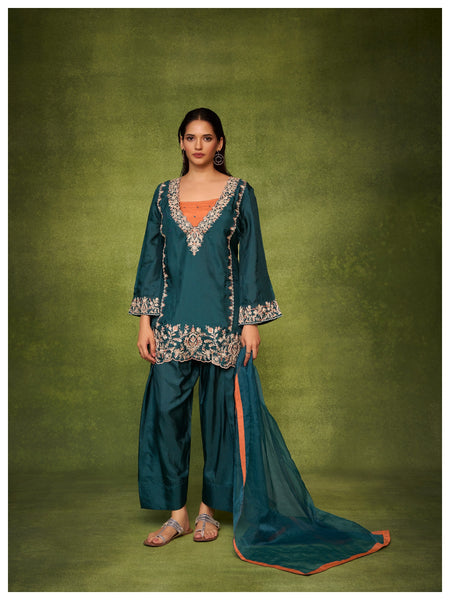 Women’s Embroidered Kurta Palazzo Set with Dupatta