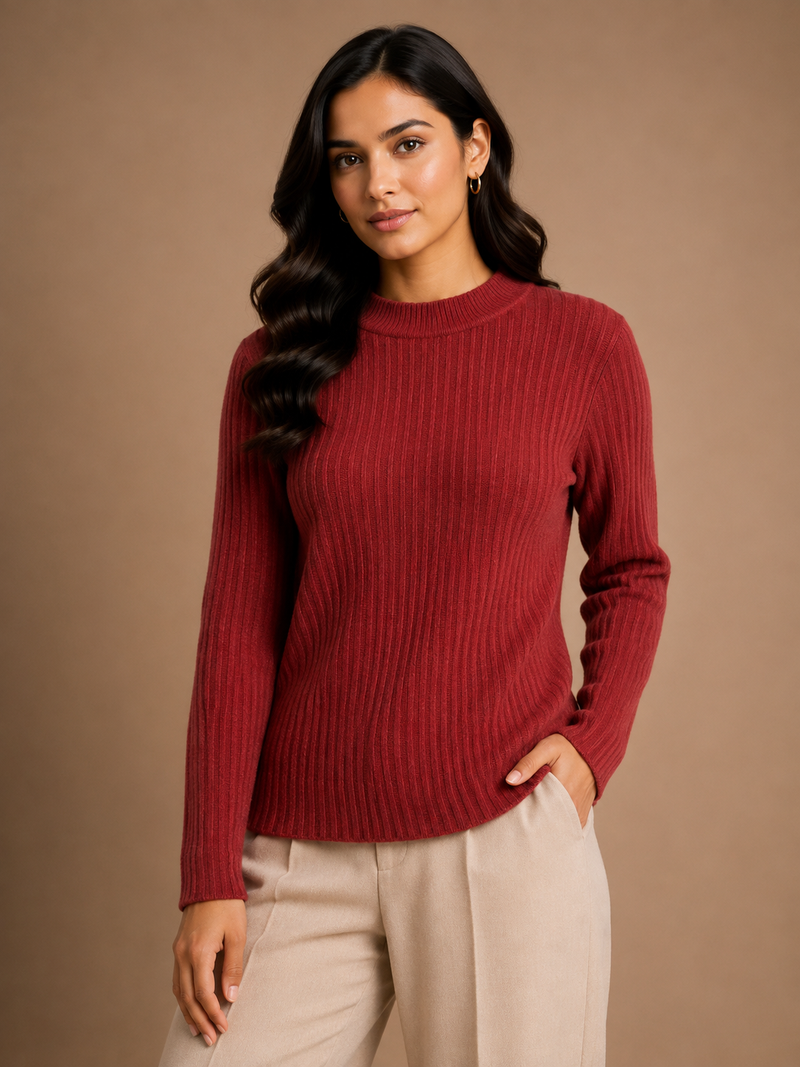 Women’s Chocolate Brown Ribbed Knit Round Neck Sweater