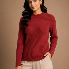 Women’s Chocolate Brown Ribbed Knit Round Neck Sweater