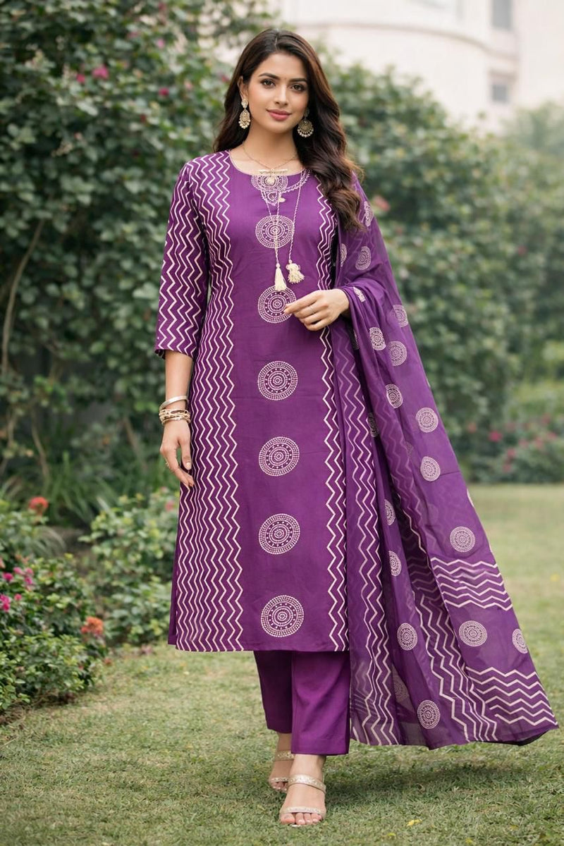 Royal Plum Printed Kurta Set with Dupatta