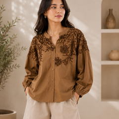 Women’s Coffee Brown Floral Embroidered Cotton Shirt | Mandarin Collar Full Sleeve Casual Top