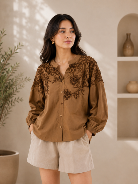 Women’s Coffee Brown Floral Embroidered Cotton Shirt | Mandarin Collar Full Sleeve Casual Top