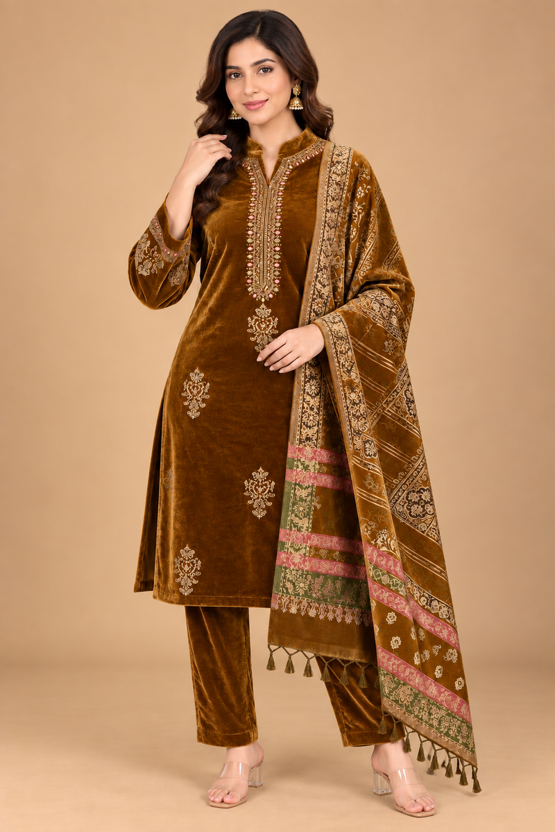 Royal Plum Velvet Embroidered 3-Piece Suit Set with Printed Shawl