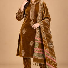Royal Plum Velvet Embroidered 3-Piece Suit Set with Printed Shawl