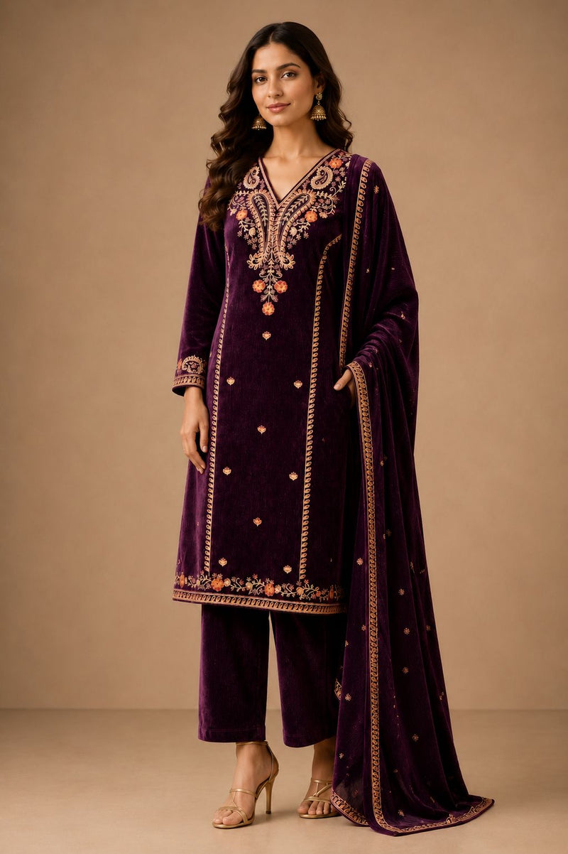 Emerald Green Embroidered Velvet 3-Piece Winter Suit with Dupatta