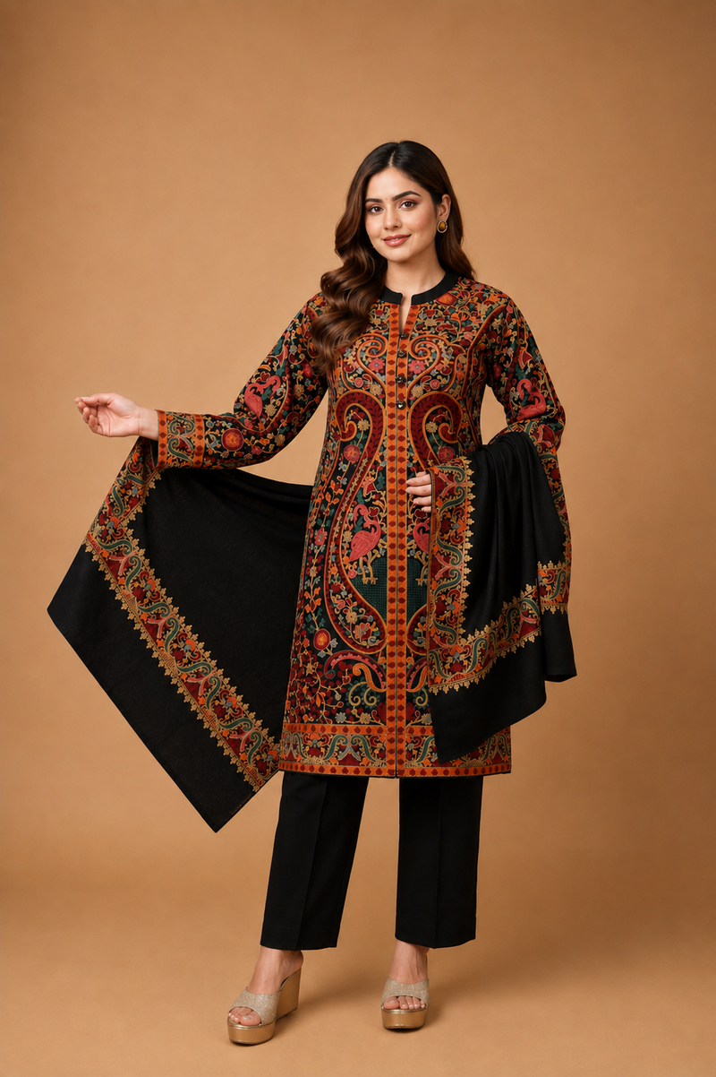 Premium Black Kashmiri Embroidered Kurta Pant & Shawl 3-Piece Set