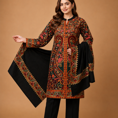 Premium Black Kashmiri Embroidered Kurta Pant & Shawl 3-Piece Set