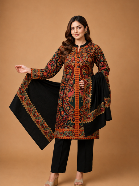 Premium Black Kashmiri Embroidered Kurta Pant & Shawl 3-Piece Set
