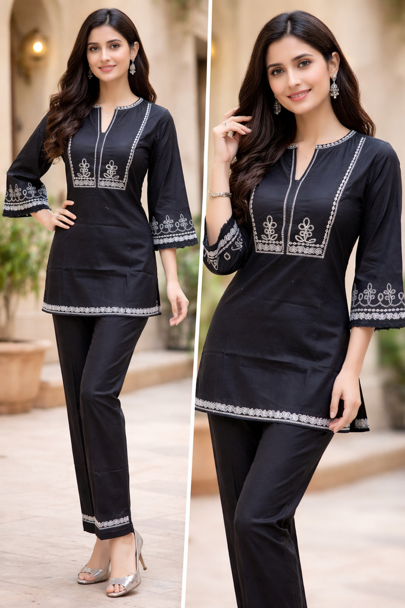 Elegant White and black Cotton Kurta Set with Black Embroidery – Semi-Formal Ethnic Wear for Women