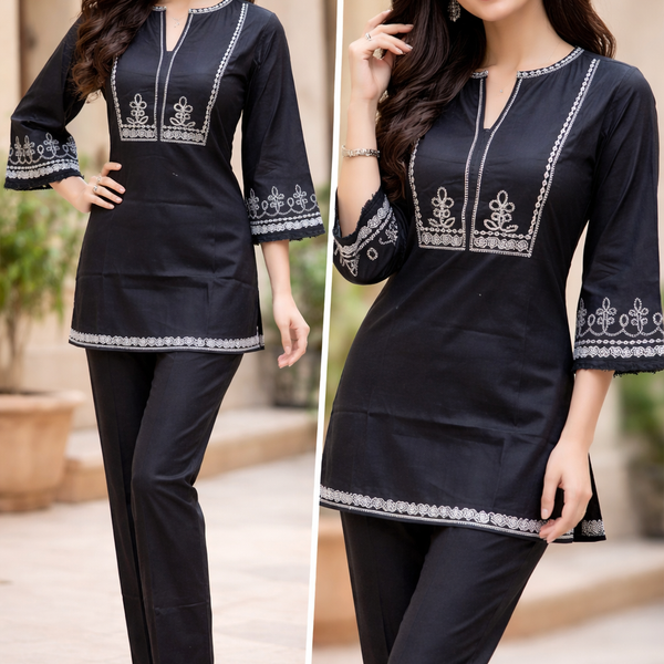 Elegant White and black Cotton Kurta Set with Black Embroidery – Semi-Formal Ethnic Wear for Women