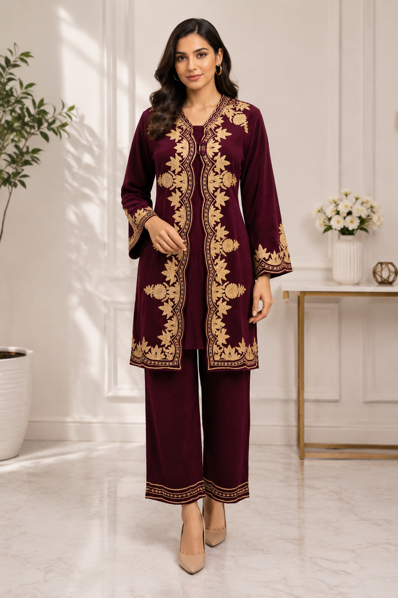Kashmira Noor Embroidered Winter Co-ord Set – Mocha Brown