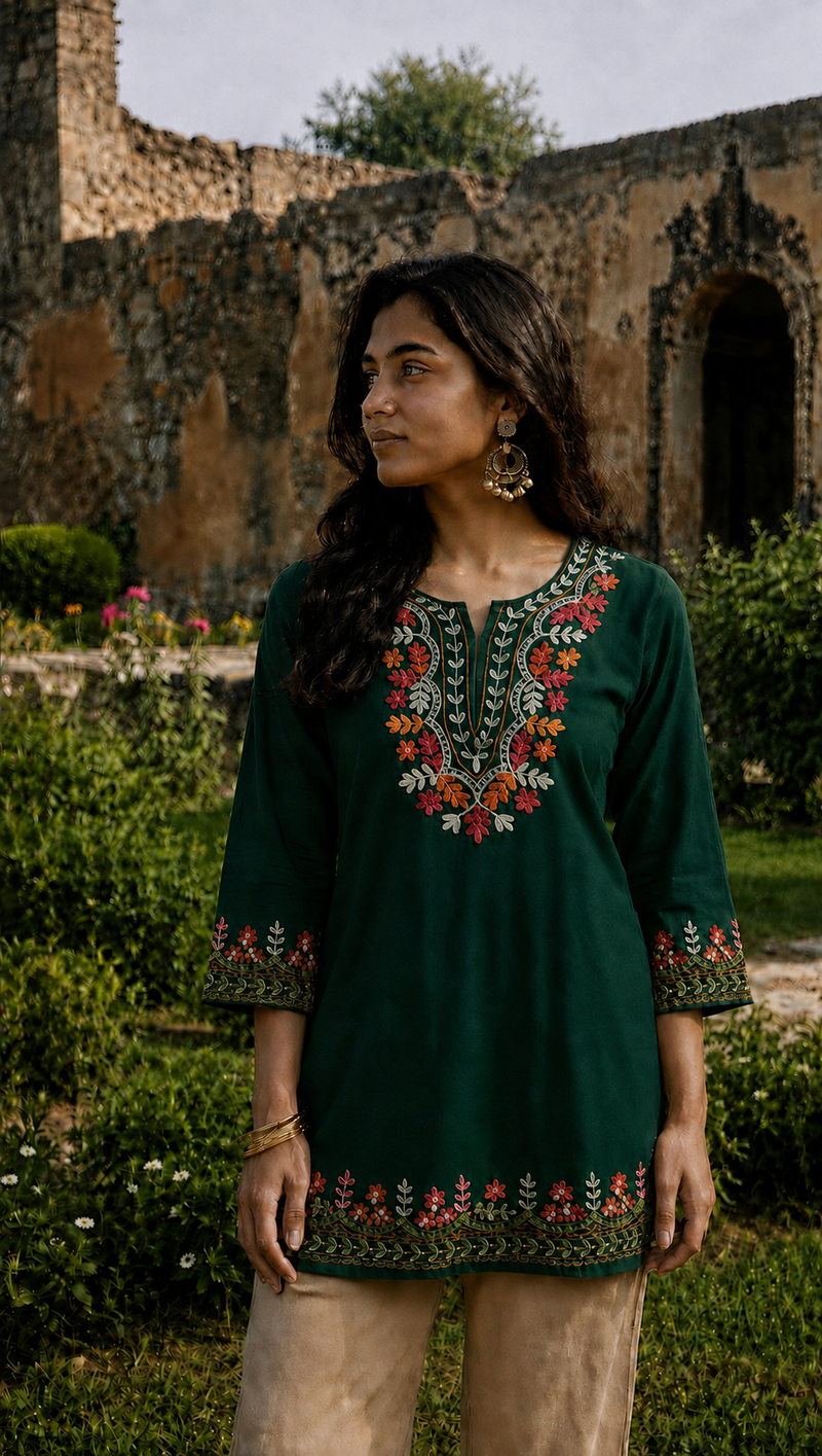 Bottle Green Multicolour Floral Embroidered Short Kurti for Women