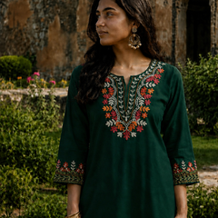 Bottle Green Multicolour Floral Embroidered Short Kurti for Women