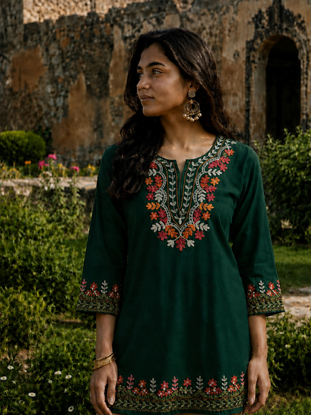 Bottle Green Multicolour Floral Embroidered Short Kurti for Women