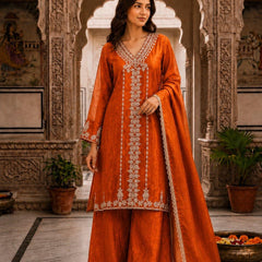 Women’s Orange Embroidered Kurta Palazzo Set with Dupatta