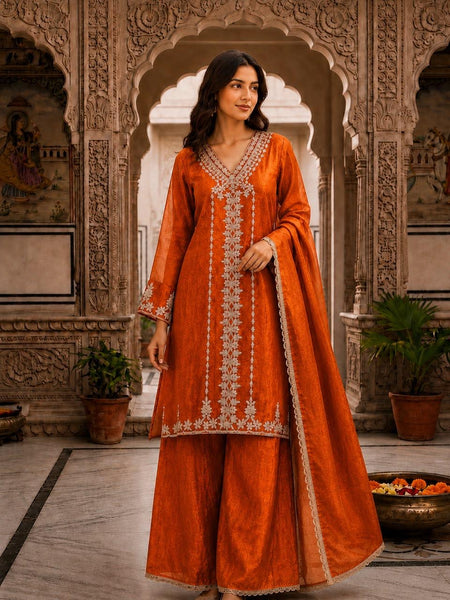 Women’s Orange Embroidered Kurta Palazzo Set with Dupatta