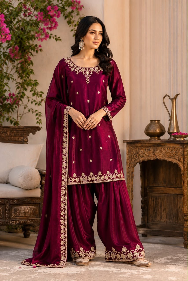 Women’s Wine Maroon Embroidered Kurta Palazzo Set with Dupatta
