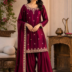 Women’s Wine Maroon Embroidered Kurta Palazzo Set with Dupatta