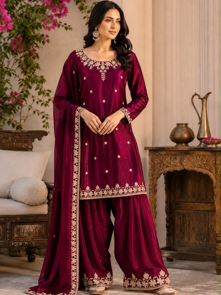 Women’s Wine Maroon Embroidered Kurta Palazzo Set with Dupatta