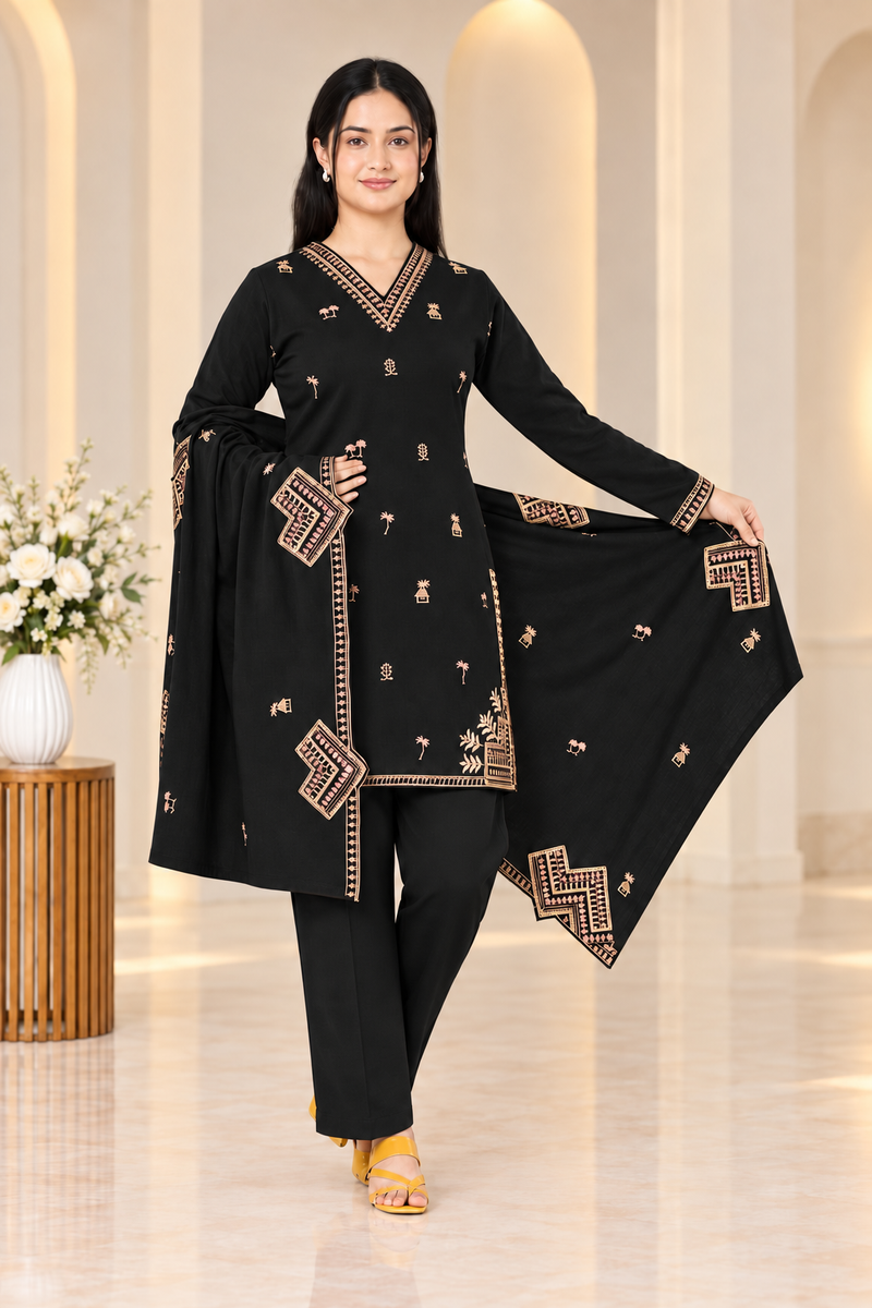 Embroidered Winter Kurta Pant & Shawl 3-Piece Set