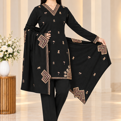 Embroidered Winter Kurta Pant & Shawl 3-Piece Set