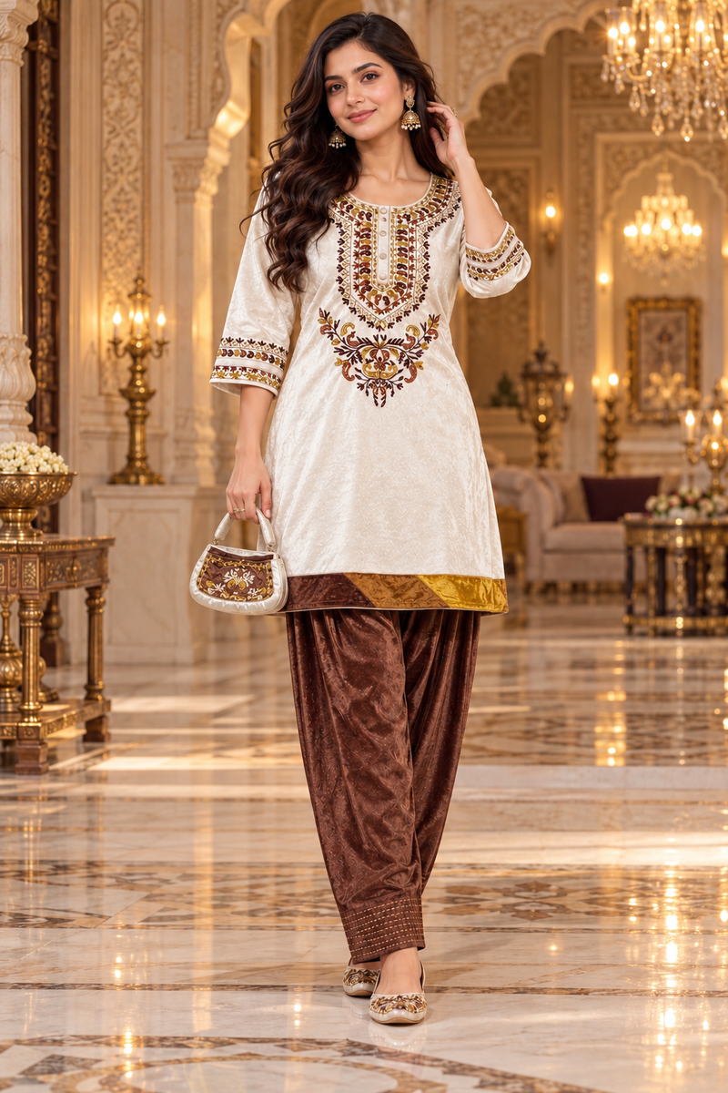 Ivory Cream Embroidered Kurta with Chocolate Brown Farshi salwar