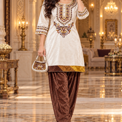 Ivory Cream Embroidered Kurta with Chocolate Brown Farshi salwar