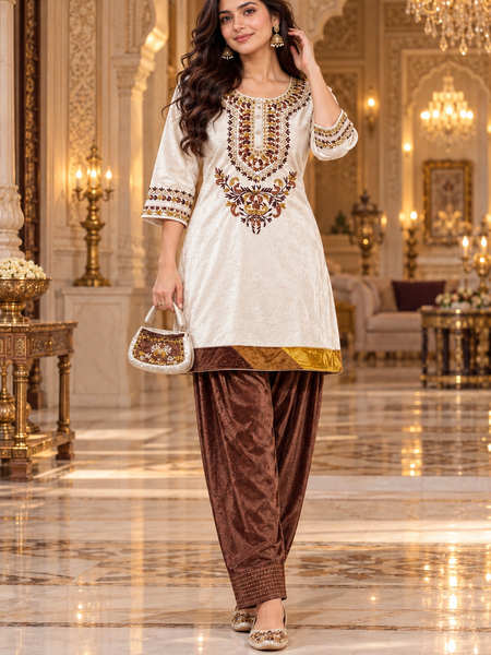 Ivory Cream Embroidered Kurta with Chocolate Brown Farshi salwar