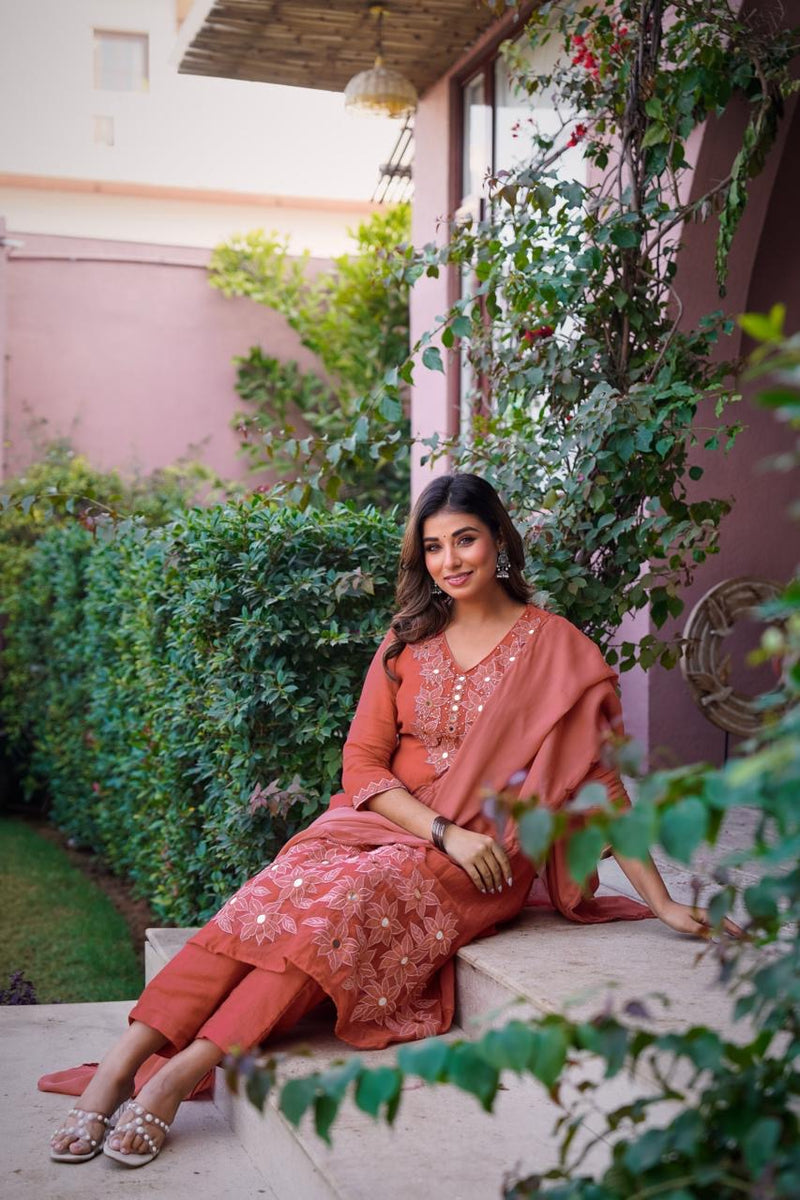 Premium Mul Chanderi Appliqué & Mirror Work Kurta Set with Dupatta