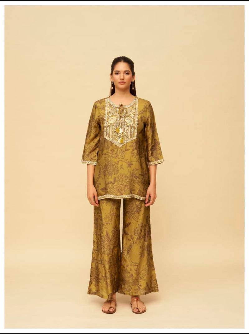 Women’s Printed Kurta Palazzo Set with Embroidered Neckline