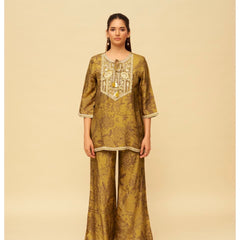 Women’s Printed Kurta Palazzo Set with Embroidered Neckline