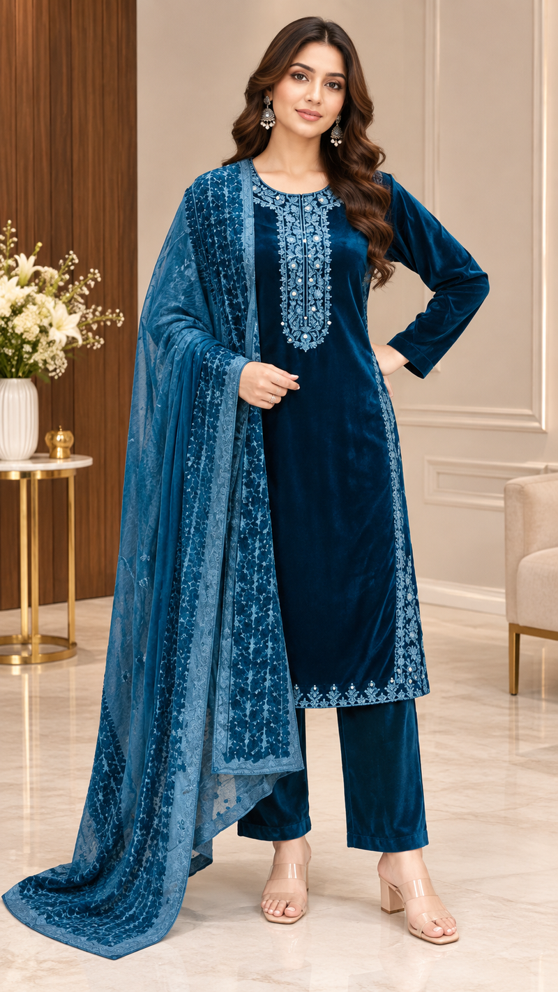 Embroidered Velvet 3-Piece Winter Suit Set