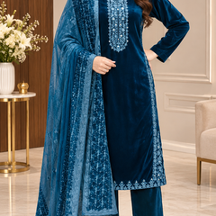 Embroidered Velvet 3-Piece Winter Suit Set