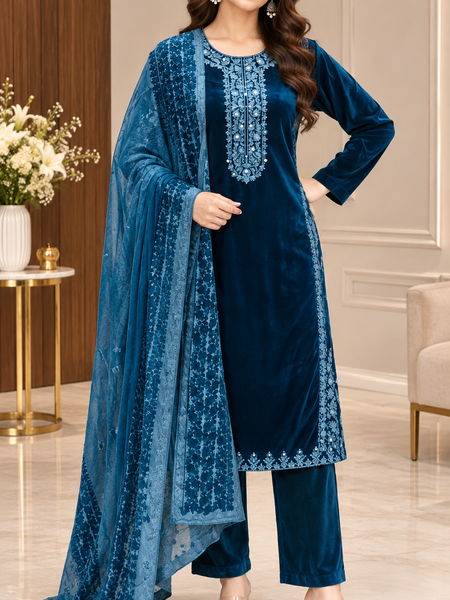 Embroidered Velvet 3-Piece Winter Suit Set