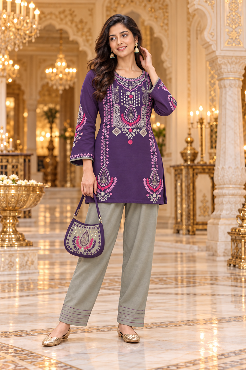 Mustard Yellow Embroidered Short Kurta with Bottle Green Pants Co-Ord Set |