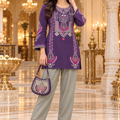 Mustard Yellow Embroidered Short Kurta with Bottle Green Pants Co-Ord Set |