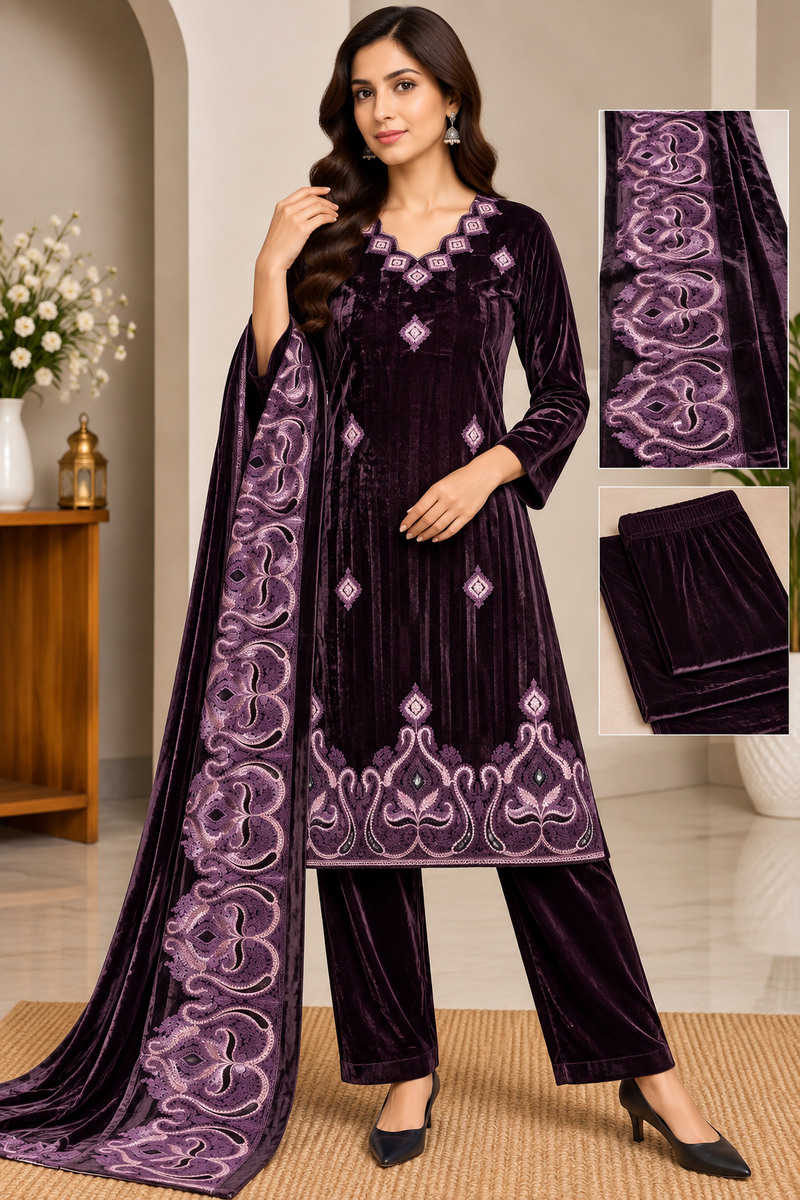 Embroidered Velvet 3-Piece Suit Set