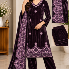 Embroidered Velvet 3-Piece Suit Set