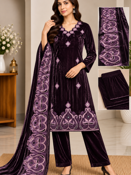 Embroidered Velvet 3-Piece Suit Set
