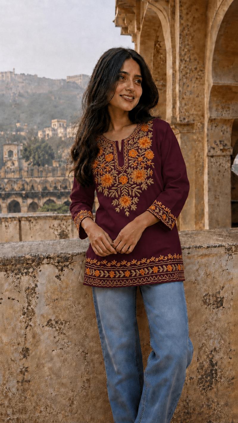 Ivory Floral Embroidered Short Kurti for Women