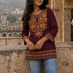 Ivory Floral Embroidered Short Kurti for Women