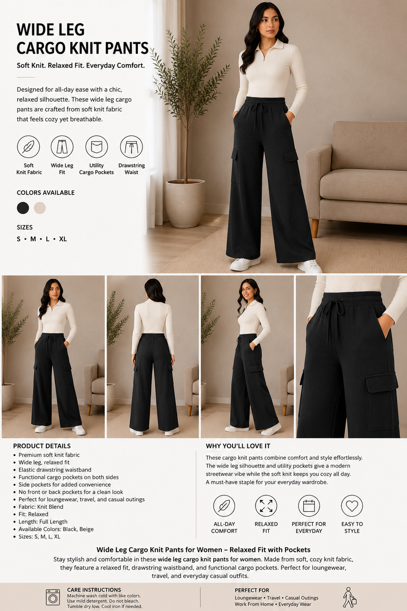 Women’s Premium Knit Wide-Leg Cargo Pants – Black