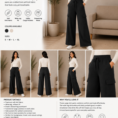 Women’s Premium Knit Wide-Leg Cargo Pants – Black