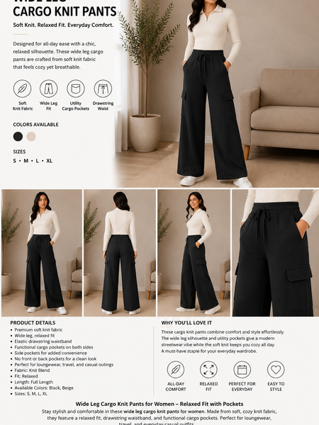 Women’s Premium Knit Wide-Leg Cargo Pants – Black
