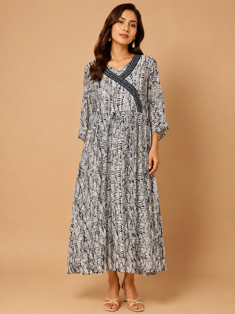 Women’s Black & White Abstract Leaf Print Tiered Maxi Dress | Casual Flowy Dress for Women