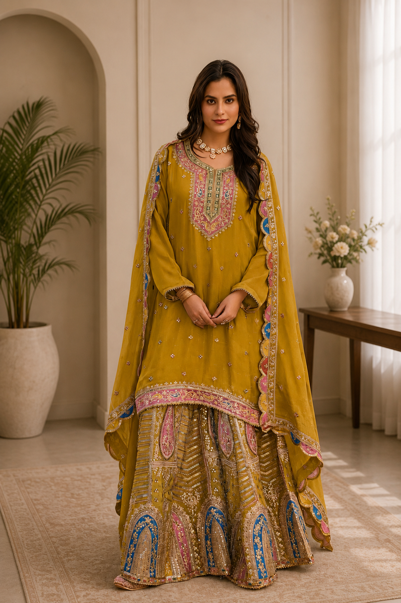 Women’s Charcoal Grey Embroidered Kurta with Printed Sharara & Dupatta | Designer Festive Ethnic Suit Set