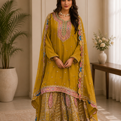 Women’s Charcoal Grey Embroidered Kurta with Printed Sharara & Dupatta | Designer Festive Ethnic Suit Set